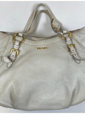 Prada Women White Vitello Daino Pebbled Leather Tote Bag Gold Hardware Large